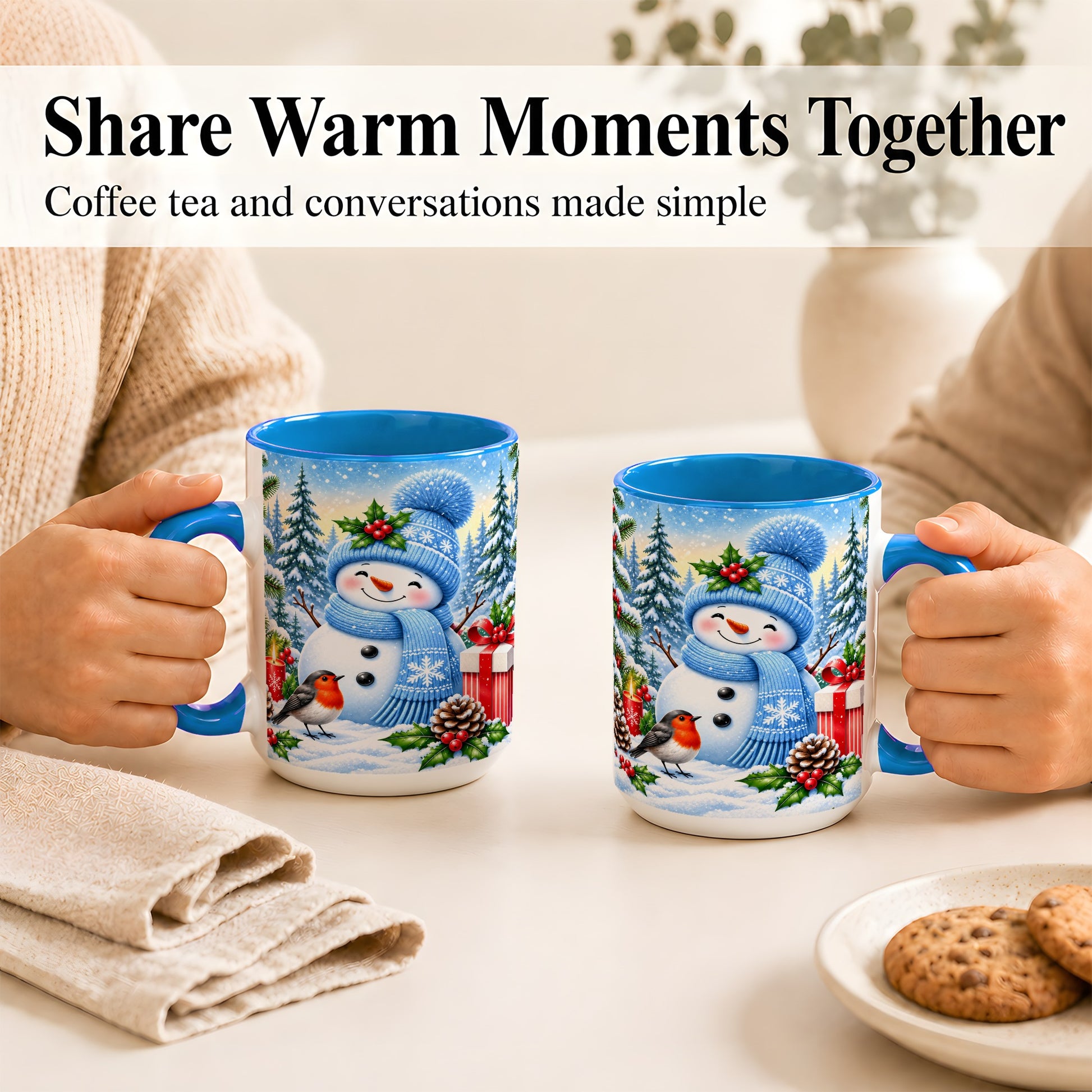 #pl[15oz|Blue] Winter Snowman Coffee Mug, Robin Bird Mug, Ceramic Cup