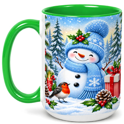 #pl[15oz|Green] Winter Snowman Coffee Mug, Robin Bird Mug, Ceramic Cup
