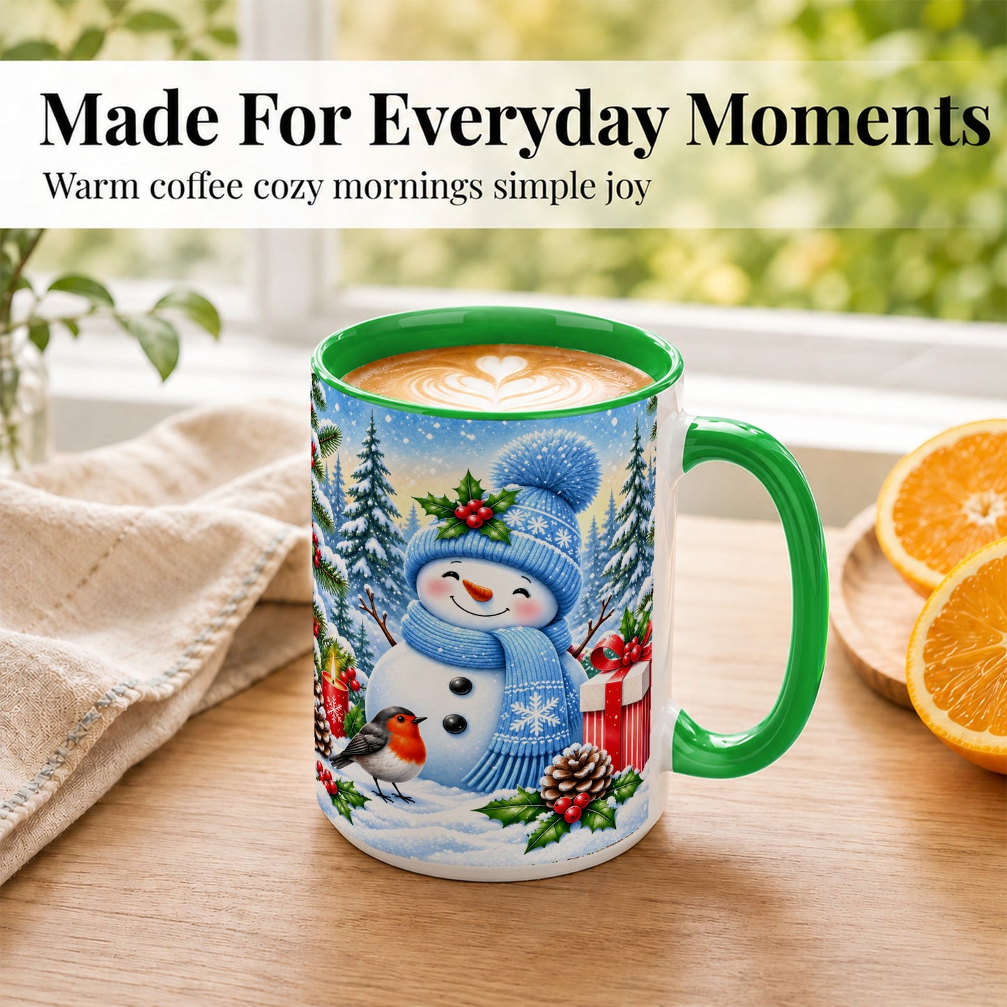 #pl[15oz|Green] Winter Snowman Coffee Mug, Robin Bird Mug, Ceramic Cup
