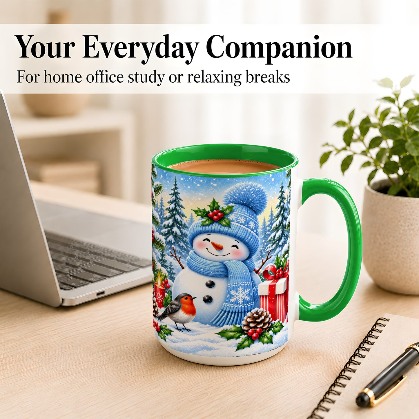 #pl[15oz|Green] Winter Snowman Coffee Mug, Robin Bird Mug, Ceramic Cup