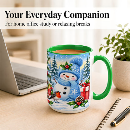 #pl[15oz|Green] Winter Snowman Coffee Mug, Robin Bird Mug, Ceramic Cup