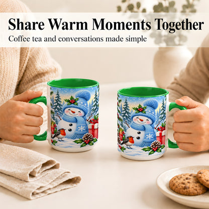#pl[15oz|Green] Winter Snowman Coffee Mug, Robin Bird Mug, Ceramic Cup