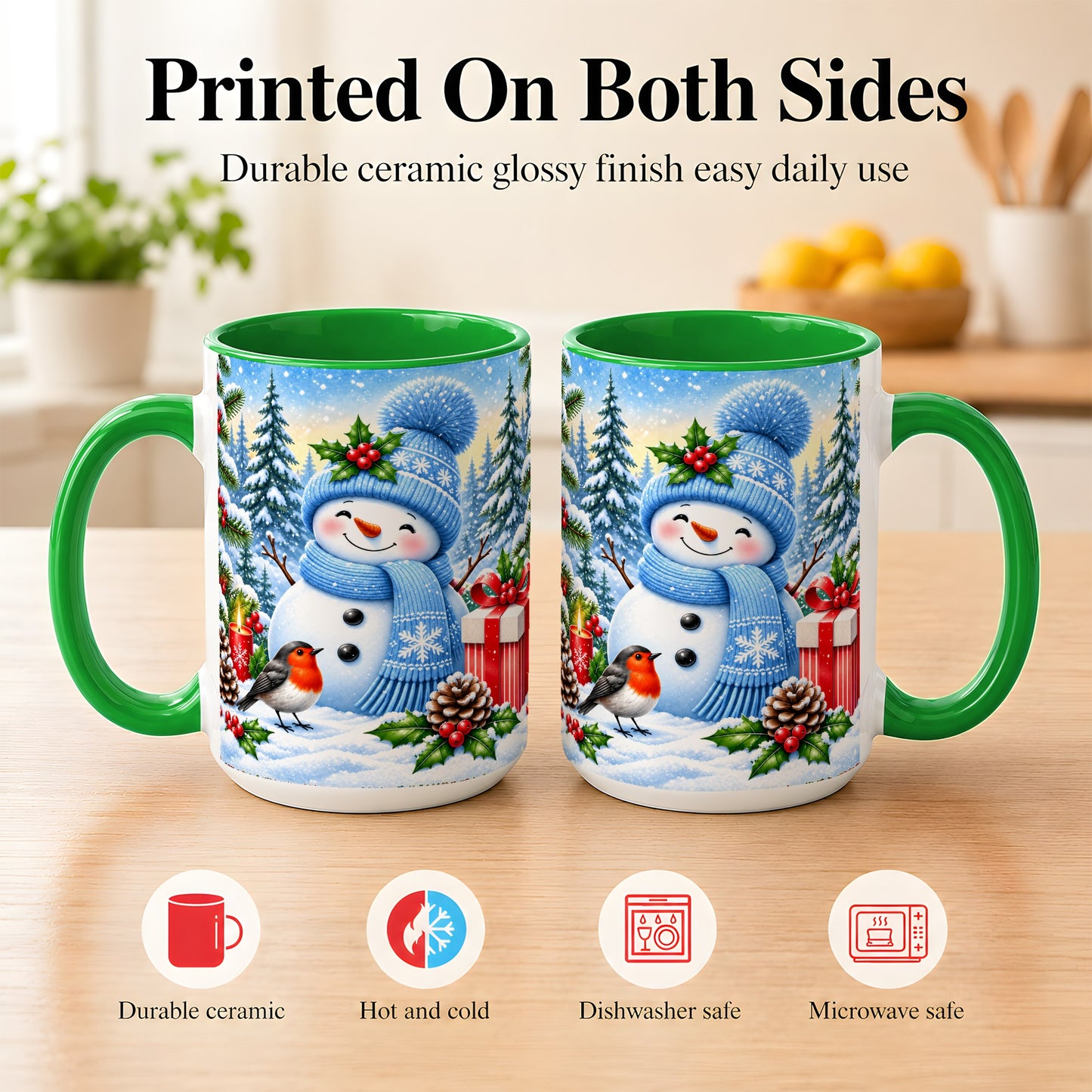 #pl[15oz|Green] Winter Snowman Coffee Mug, Robin Bird Mug, Ceramic Cup