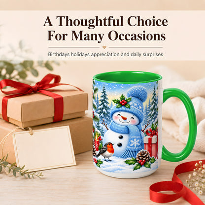 #pl[15oz|Green] Winter Snowman Coffee Mug, Robin Bird Mug, Ceramic Cup