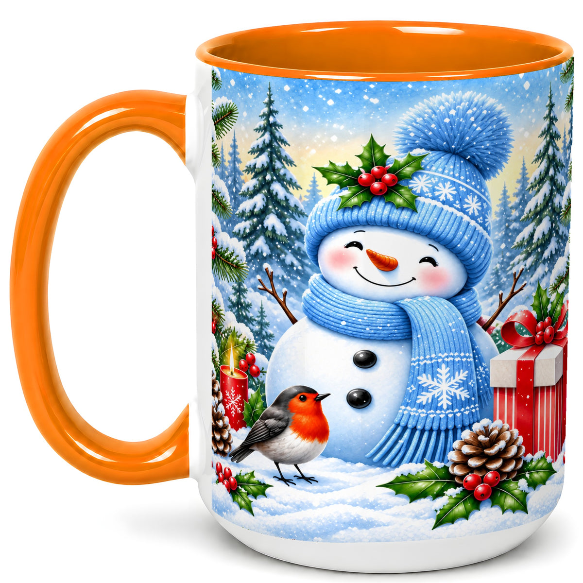 #pl[15oz|Orange] Winter Snowman Coffee Mug, Robin Bird Mug, Ceramic Cup