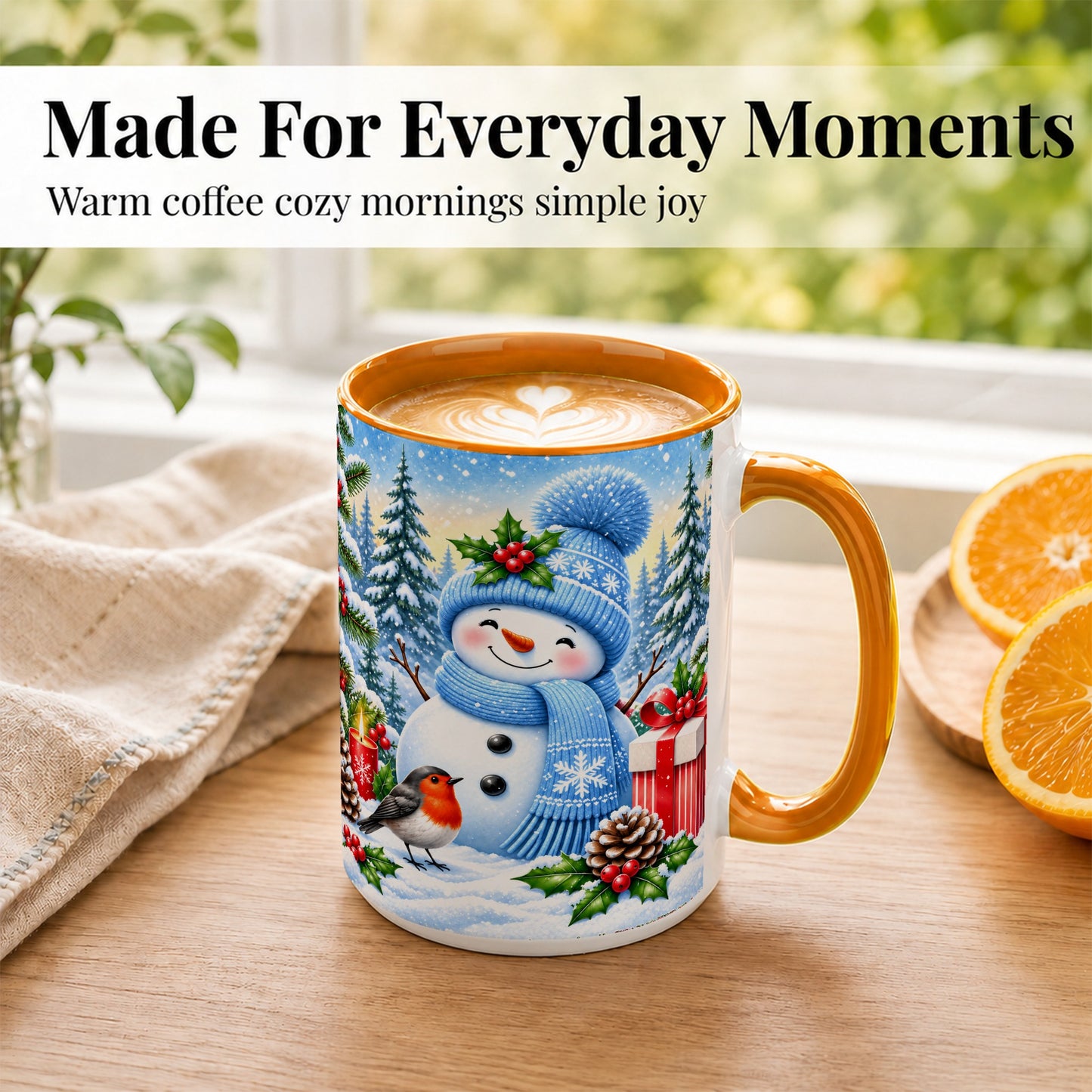 #pl[15oz|Orange] Winter Snowman Coffee Mug, Robin Bird Mug, Ceramic Cup