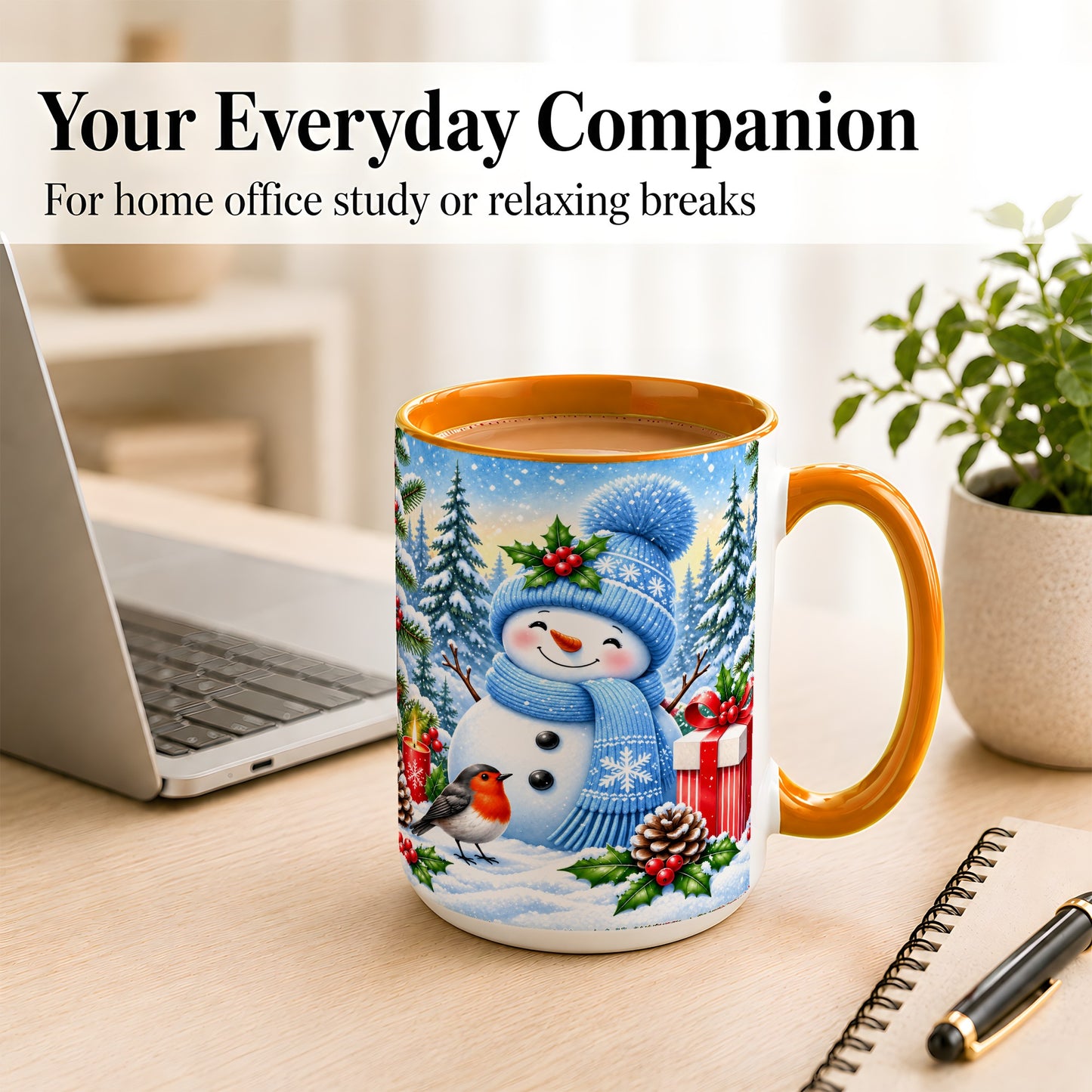 #pl[15oz|Orange] Winter Snowman Coffee Mug, Robin Bird Mug, Ceramic Cup