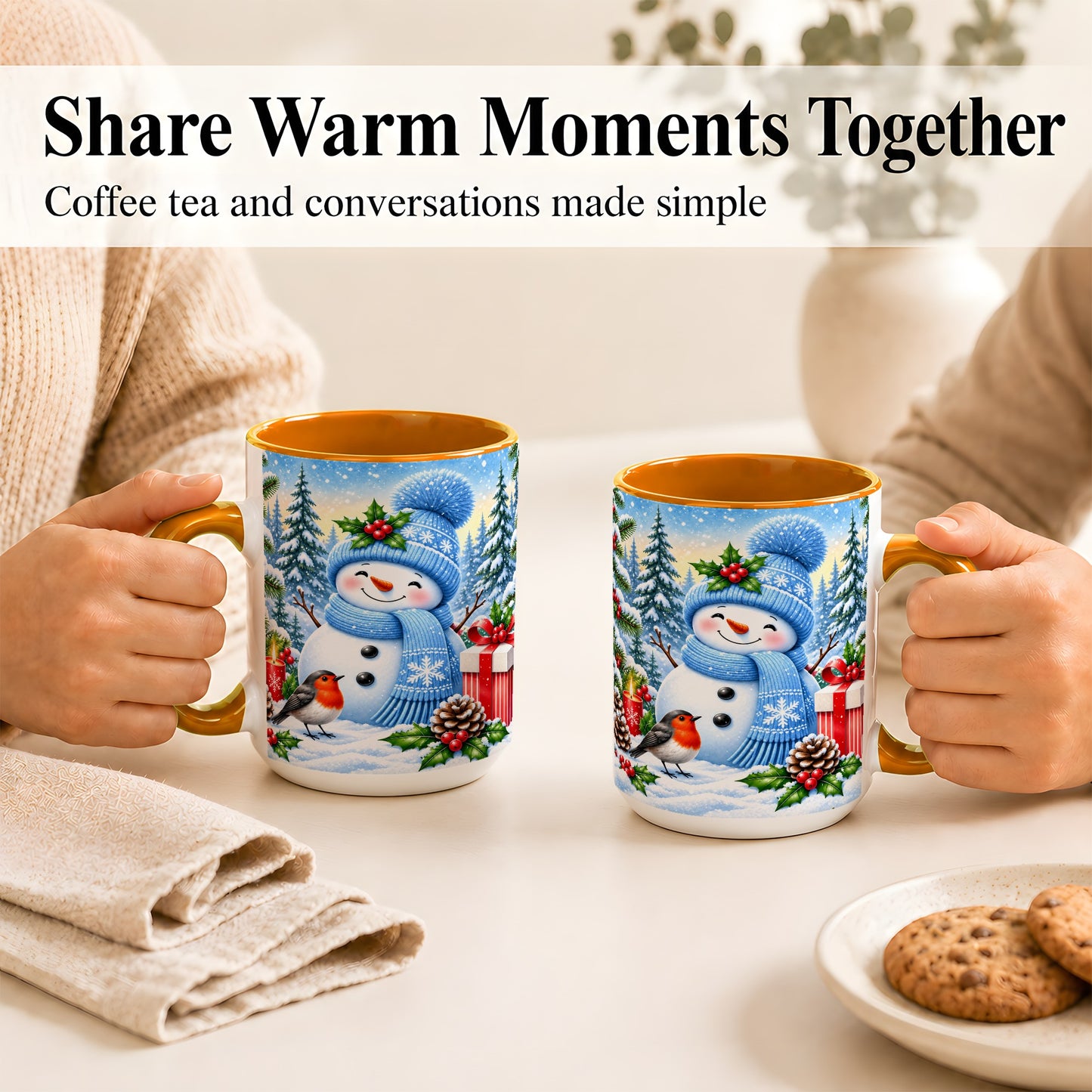 #pl[15oz|Orange] Winter Snowman Coffee Mug, Robin Bird Mug, Ceramic Cup