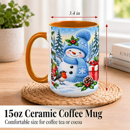 #pl[15oz|Orange] Winter Snowman Coffee Mug, Robin Bird Mug, Ceramic Cup