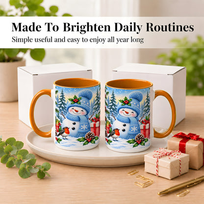 #pl[15oz|Orange] Winter Snowman Coffee Mug, Robin Bird Mug, Ceramic Cup