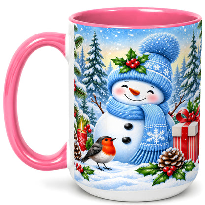 #pl[15oz|Pink] Winter Snowman Coffee Mug, Robin Bird Mug, Ceramic Cup