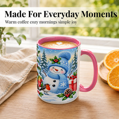 #pl[15oz|Pink] Winter Snowman Coffee Mug, Robin Bird Mug, Ceramic Cup