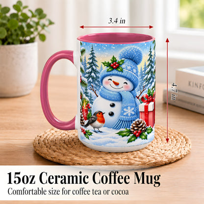 #pl[15oz|Pink] Winter Snowman Coffee Mug, Robin Bird Mug, Ceramic Cup