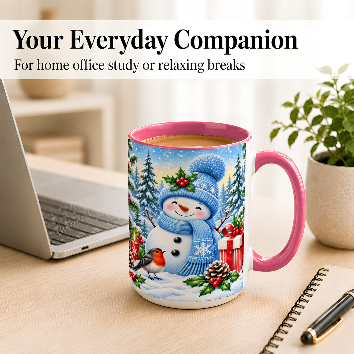 #pl[15oz|Pink] Winter Snowman Coffee Mug, Robin Bird Mug, Ceramic Cup