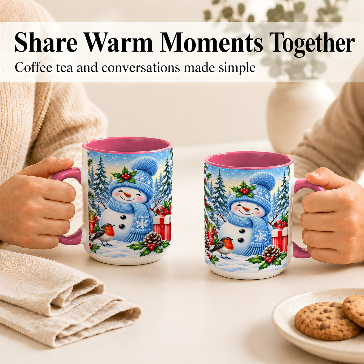 #pl[15oz|Pink] Winter Snowman Coffee Mug, Robin Bird Mug, Ceramic Cup