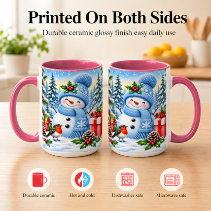 #pl[15oz|Pink] Winter Snowman Coffee Mug, Robin Bird Mug, Ceramic Cup
