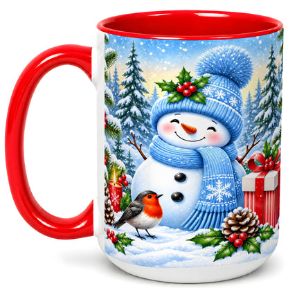 #pl[15oz|Red] Winter Snowman Coffee Mug, Robin Bird Mug, Ceramic Cup