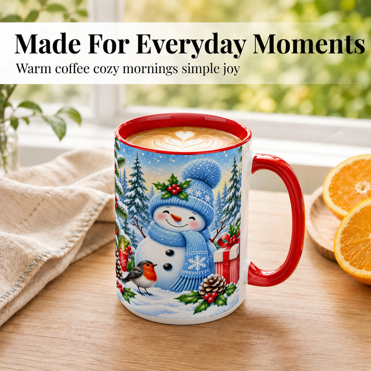 #pl[15oz|Red] Winter Snowman Coffee Mug, Robin Bird Mug, Ceramic Cup
