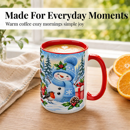 #pl[15oz|Red] Winter Snowman Coffee Mug, Robin Bird Mug, Ceramic Cup