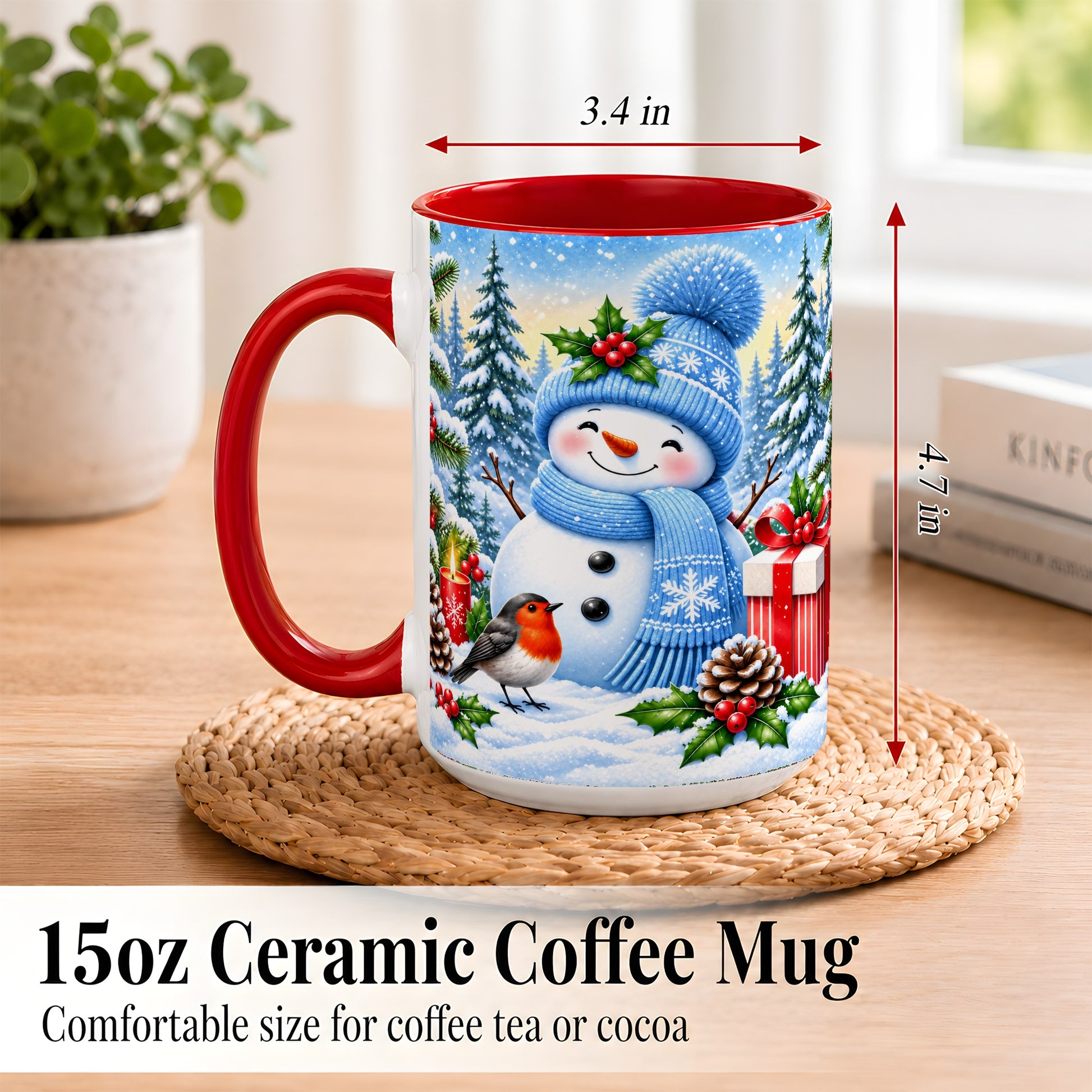 #pl[15oz|Red] Winter Snowman Coffee Mug, Robin Bird Mug, Ceramic Cup