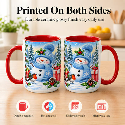 #pl[15oz|Red] Winter Snowman Coffee Mug, Robin Bird Mug, Ceramic Cup