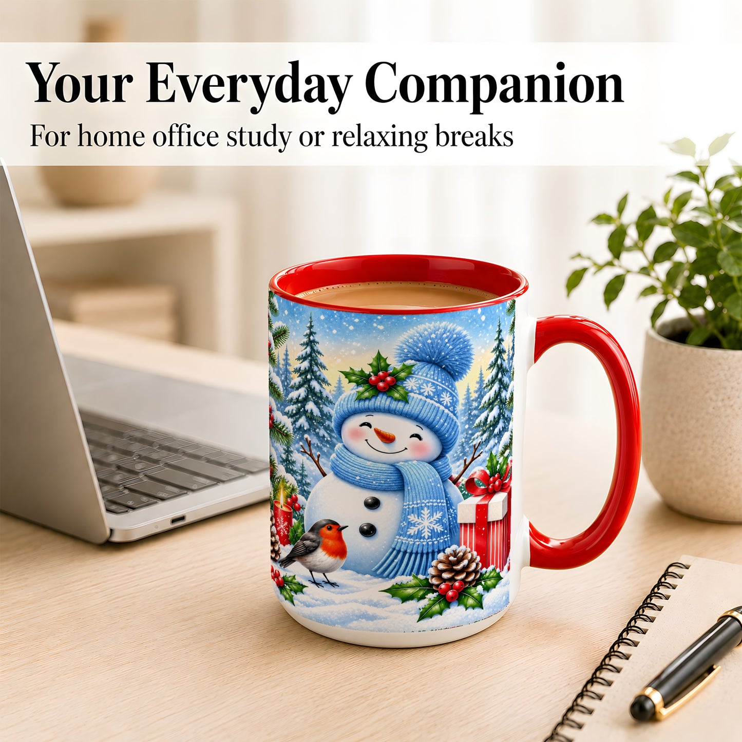 #pl[15oz|Red] Winter Snowman Coffee Mug, Robin Bird Mug, Ceramic Cup