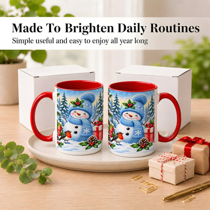 #pl[15oz|Red] Winter Snowman Coffee Mug, Robin Bird Mug, Ceramic Cup