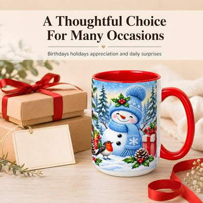 #pl[15oz|Red] Winter Snowman Coffee Mug, Robin Bird Mug, Ceramic Cup