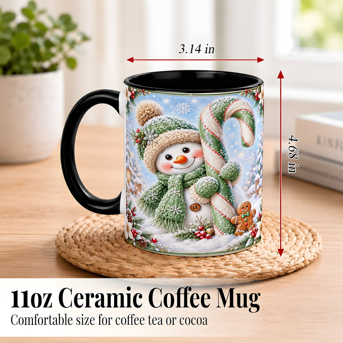 #pl[11oz|Black] Snowman Candy Cane Coffee Mug, Christmas Snowman Mug, Ceramic Cup