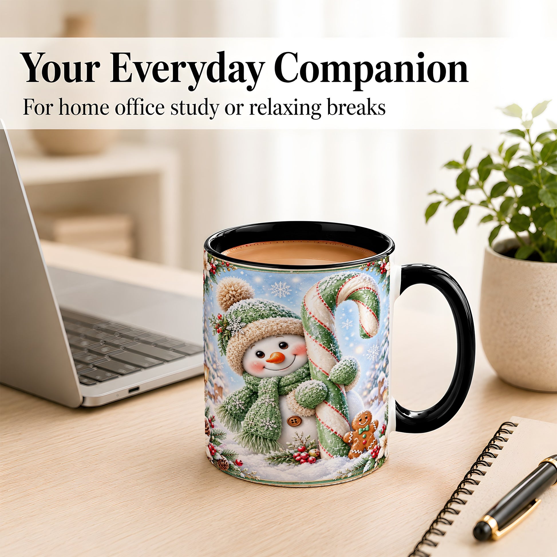 #pl[11oz|Black] Snowman Candy Cane Coffee Mug, Christmas Snowman Mug, Ceramic Cup