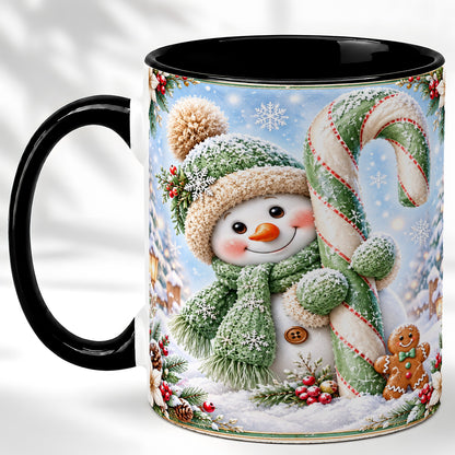 #pl[11oz|Black] Snowman Candy Cane Coffee Mug, Christmas Snowman Mug, Ceramic Cup
