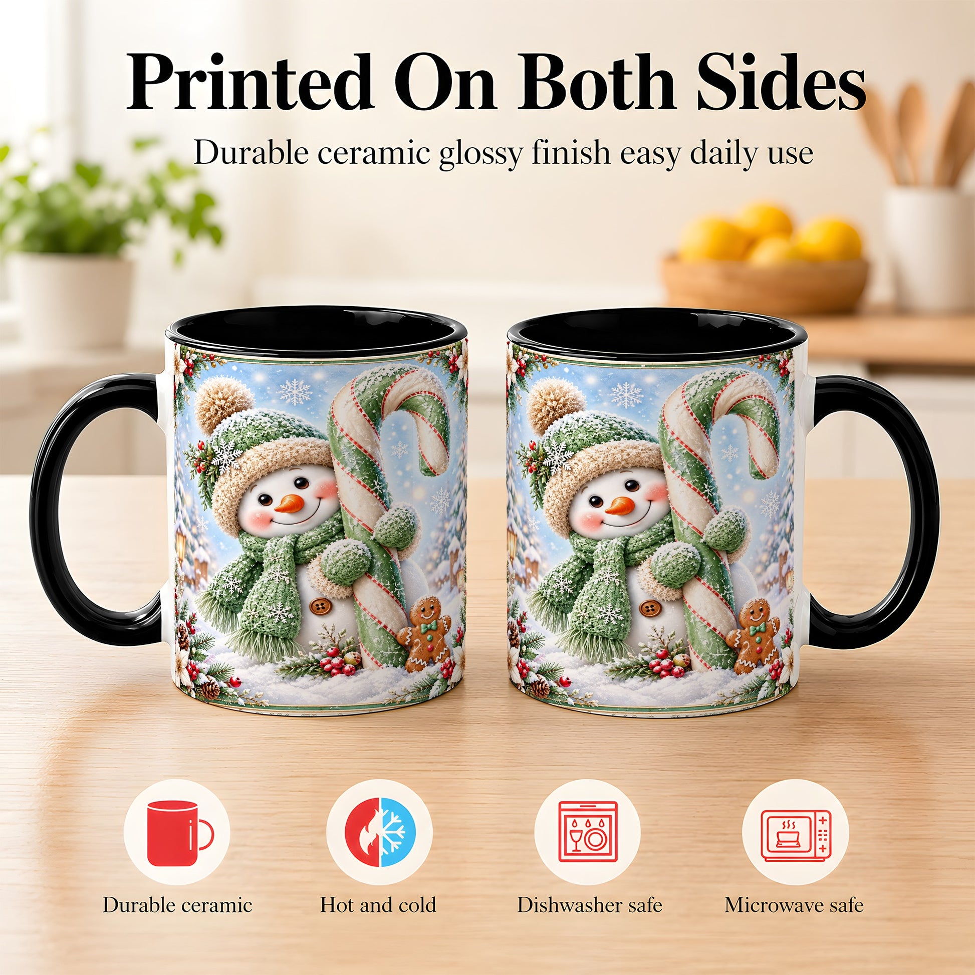 #pl[11oz|Black] Snowman Candy Cane Coffee Mug, Christmas Snowman Mug, Ceramic Cup