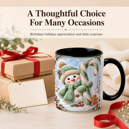 #pl[11oz|Black] Snowman Candy Cane Coffee Mug, Christmas Snowman Mug, Ceramic Cup
