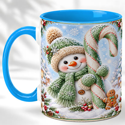 #pl[11oz|Blue] Snowman Candy Cane Coffee Mug, Christmas Snowman Mug, Ceramic Cup