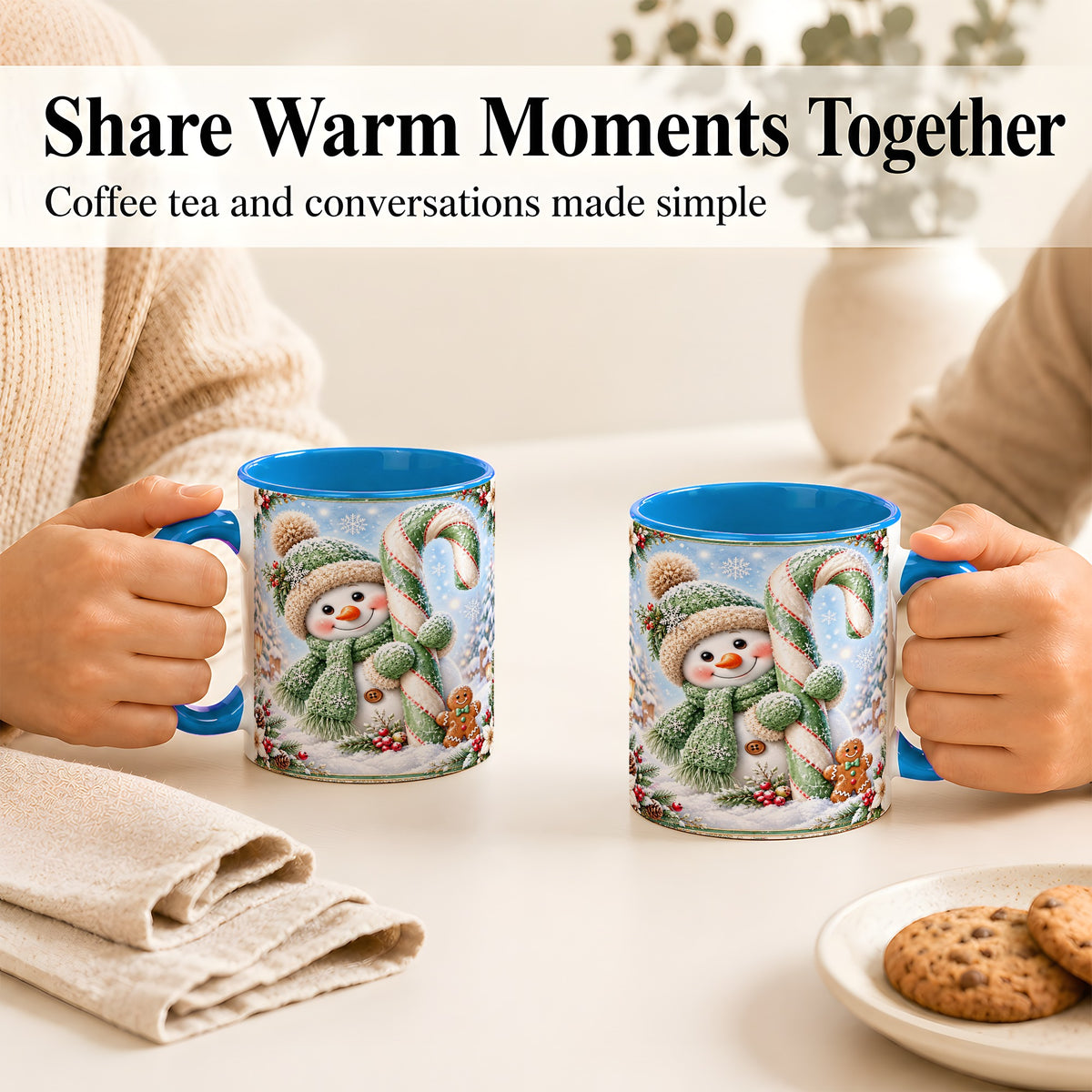 #pl[11oz|Blue] Snowman Candy Cane Coffee Mug, Christmas Snowman Mug, Ceramic Cup
