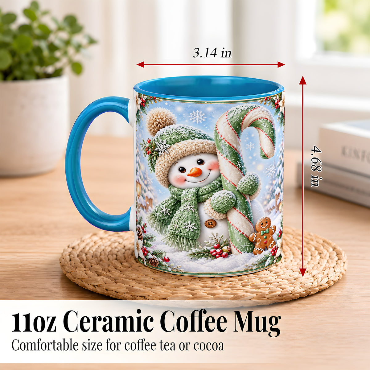 #pl[11oz|Blue] Snowman Candy Cane Coffee Mug, Christmas Snowman Mug, Ceramic Cup