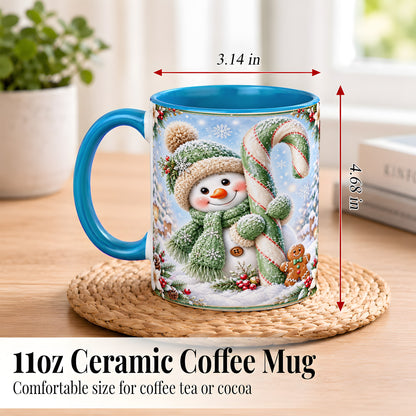 #pl[11oz|Blue] Snowman Candy Cane Coffee Mug, Christmas Snowman Mug, Ceramic Cup