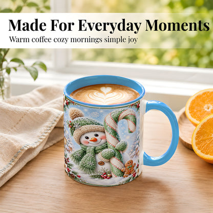 #pl[11oz|Blue] Snowman Candy Cane Coffee Mug, Christmas Snowman Mug, Ceramic Cup
