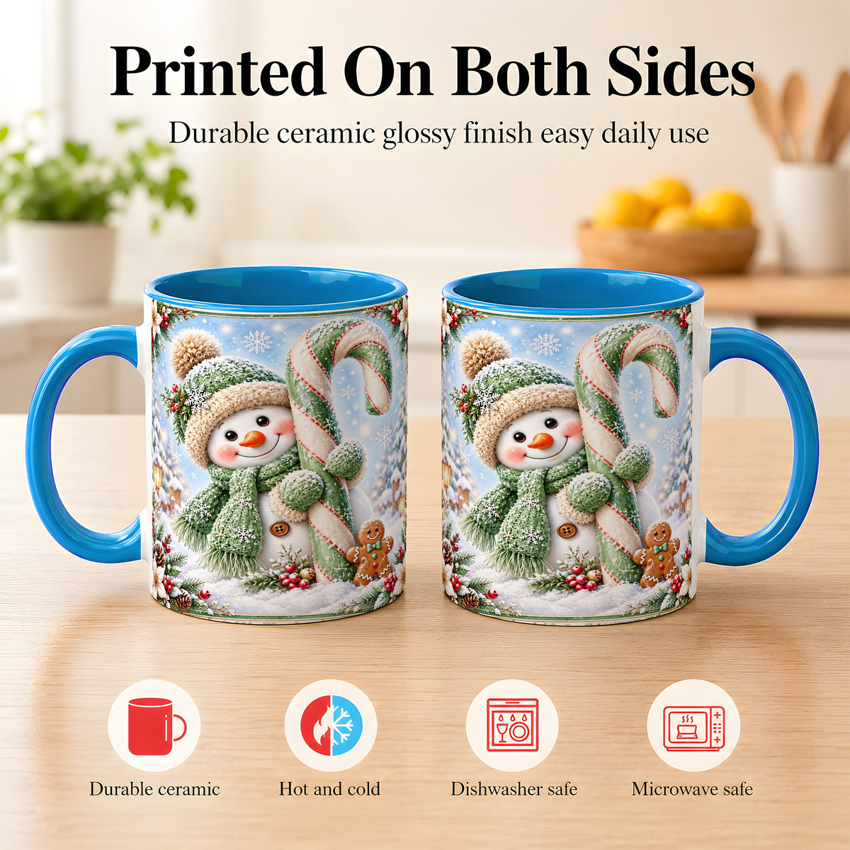 #pl[11oz|Blue] Snowman Candy Cane Coffee Mug, Christmas Snowman Mug, Ceramic Cup