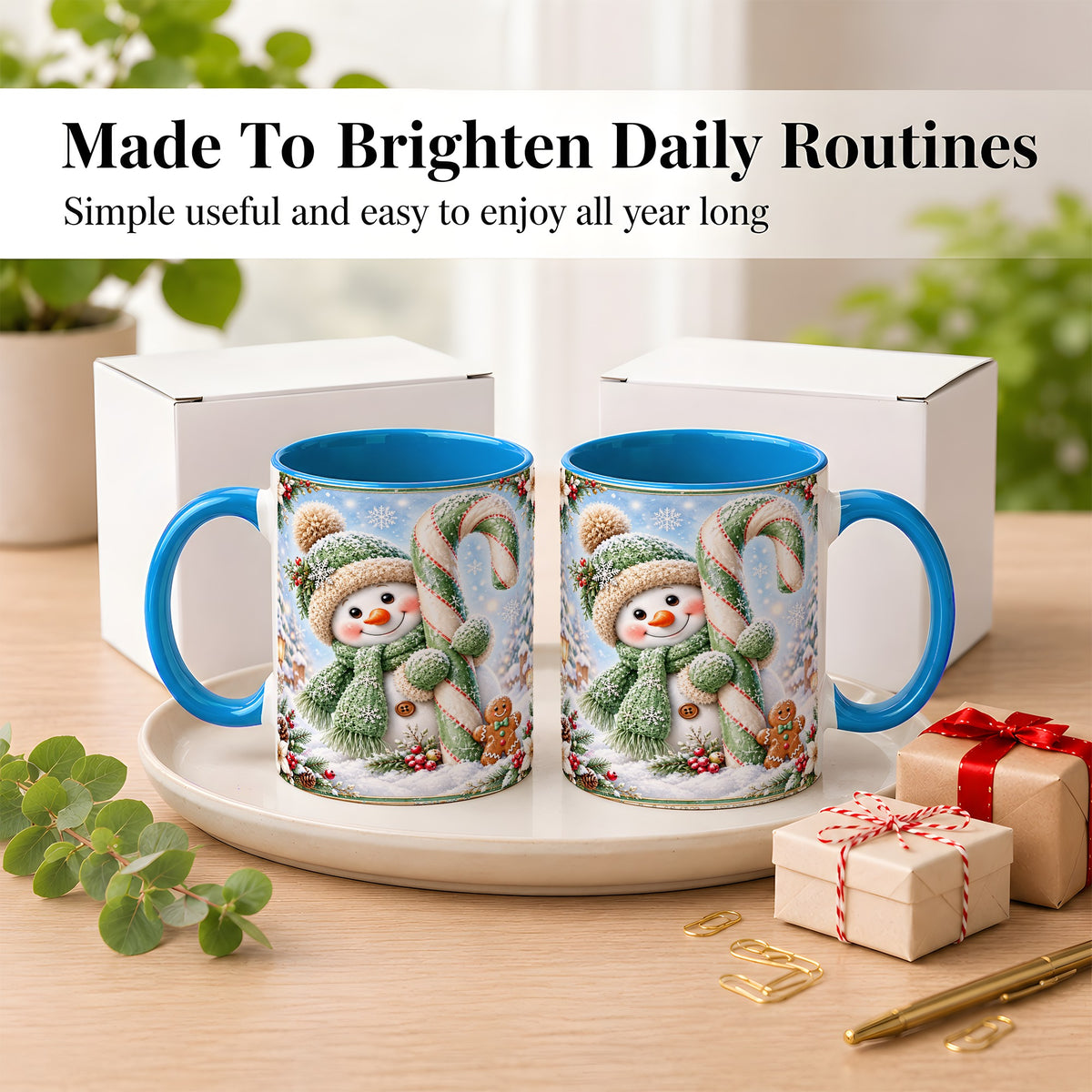 #pl[11oz|Blue] Snowman Candy Cane Coffee Mug, Christmas Snowman Mug, Ceramic Cup