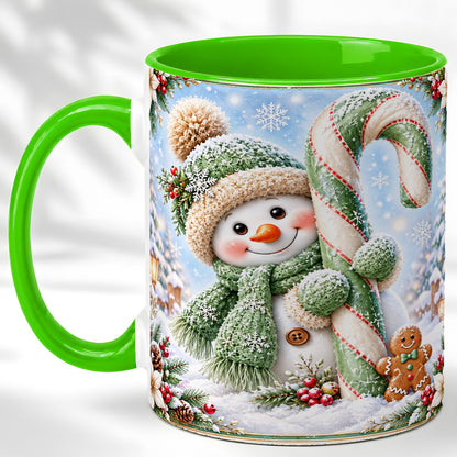 #pl[11oz|Green] Snowman Candy Cane Coffee Mug, Christmas Snowman Mug, Ceramic Cup