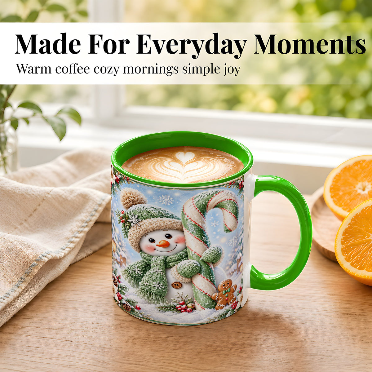 #pl[11oz|Green] Snowman Candy Cane Coffee Mug, Christmas Snowman Mug, Ceramic Cup
