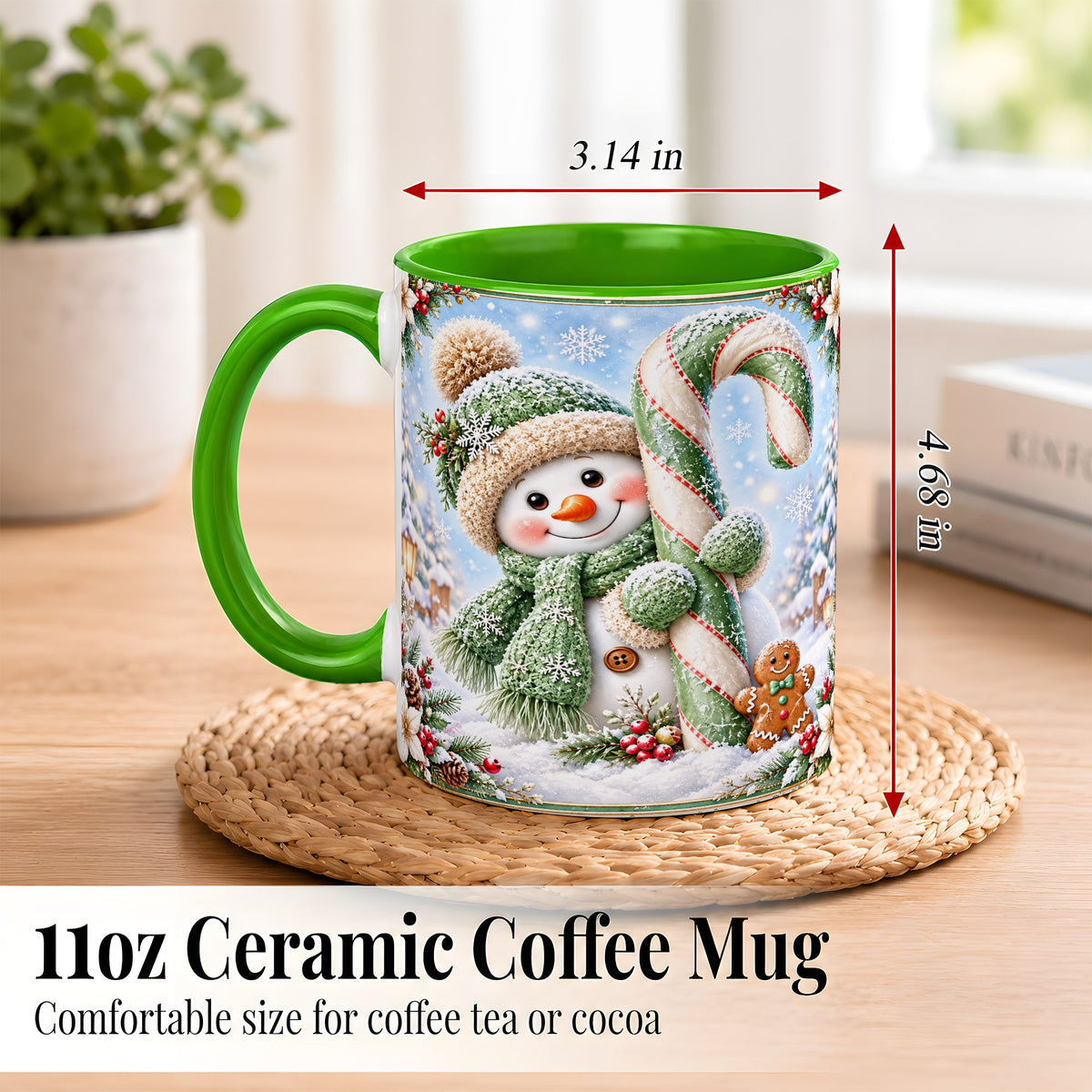 #pl[11oz|Green] Snowman Candy Cane Coffee Mug, Christmas Snowman Mug, Ceramic Cup