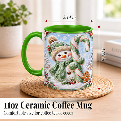 #pl[11oz|Green] Snowman Candy Cane Coffee Mug, Christmas Snowman Mug, Ceramic Cup