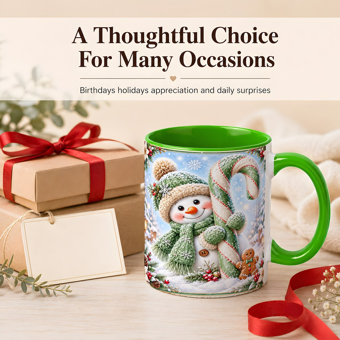 #pl[11oz|Green] Snowman Candy Cane Coffee Mug, Christmas Snowman Mug, Ceramic Cup