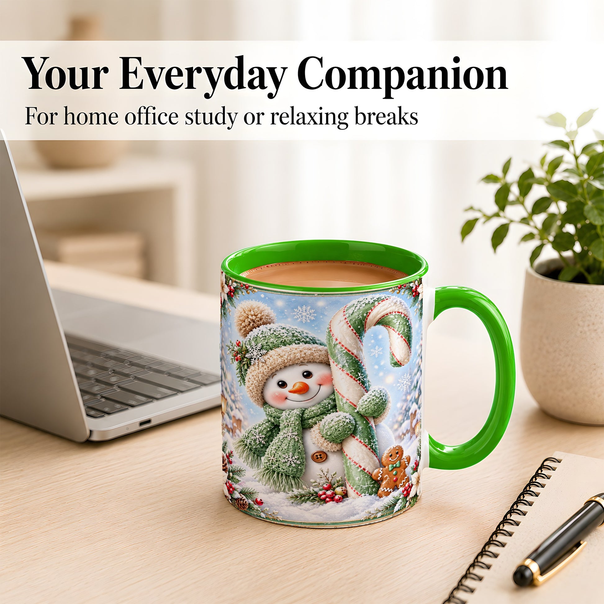 #pl[11oz|Green] Snowman Candy Cane Coffee Mug, Christmas Snowman Mug, Ceramic Cup