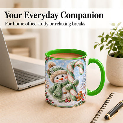 #pl[11oz|Green] Snowman Candy Cane Coffee Mug, Christmas Snowman Mug, Ceramic Cup