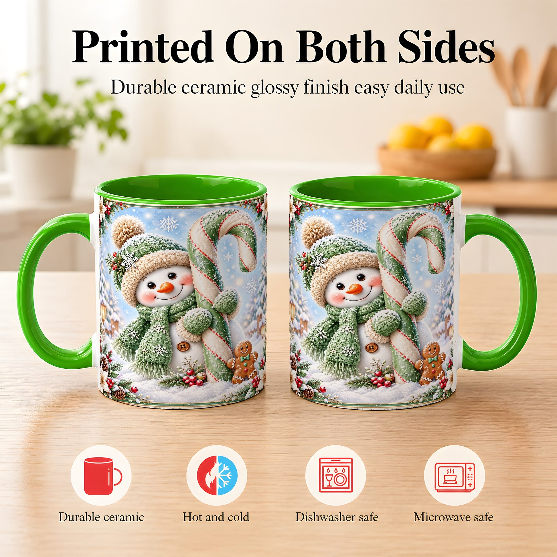 #pl[11oz|Green] Snowman Candy Cane Coffee Mug, Christmas Snowman Mug, Ceramic Cup