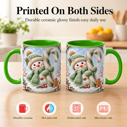 #pl[11oz|Green] Snowman Candy Cane Coffee Mug, Christmas Snowman Mug, Ceramic Cup