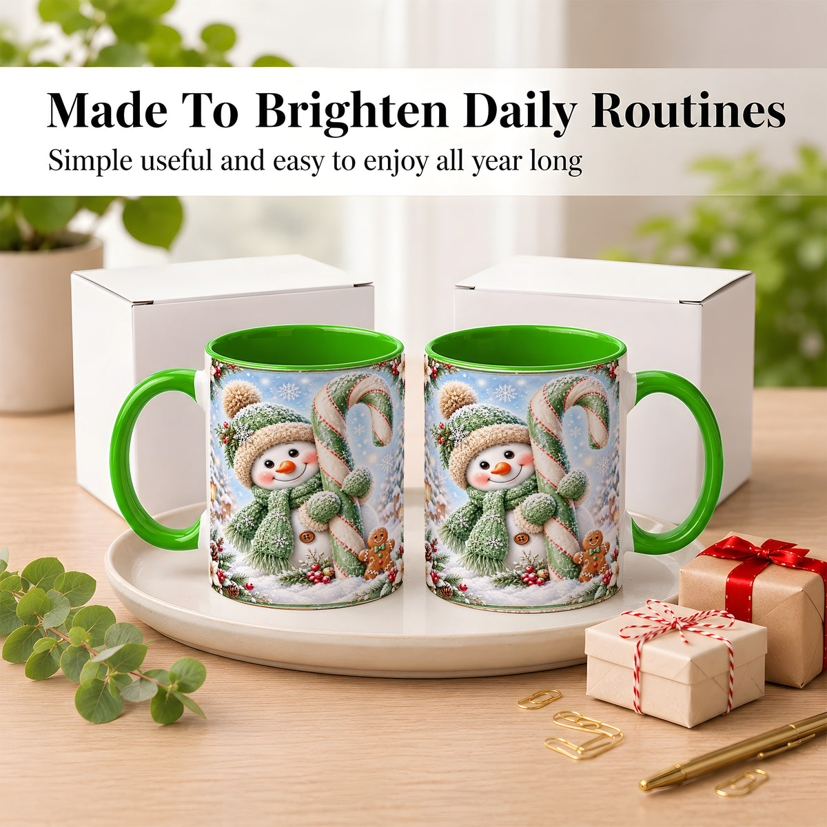 #pl[11oz|Green] Snowman Candy Cane Coffee Mug, Christmas Snowman Mug, Ceramic Cup